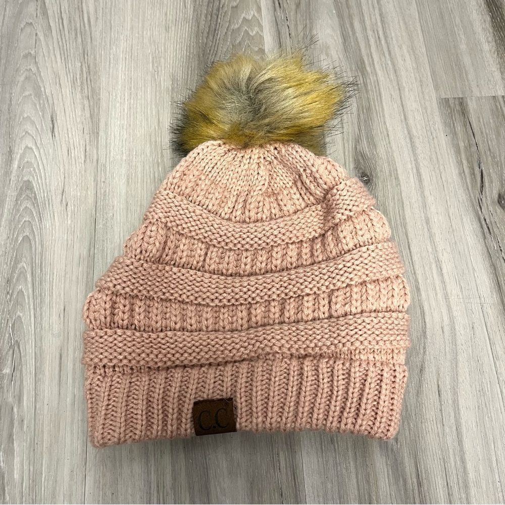 C.C Light Salmon Pink Knit Winter Beanie Hat with‎ Faux Fur Pom